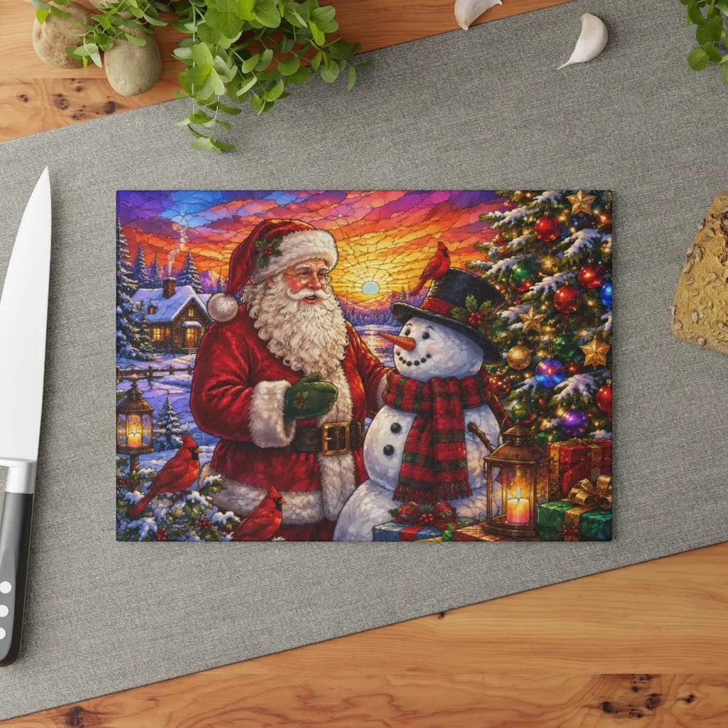 Santa and Snowman Glass Cutting Board, Christmas Kitchen Decor, Cardinal Holiday Gift, Stained Glass Christmas Serving Board, Santa Decor