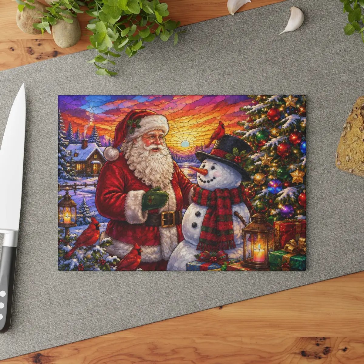 Santa and Snowman Glass Cutting Board, Christmas Kitchen Decor, Cardinal Holiday Gift, Stained Glass Christmas Serving Board, Santa Decor