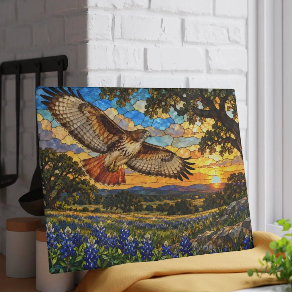 Red-Tailed Hawk Glass Cutting Board, Wildlife Kitchen Decor, Bird Lover Gift, Scenic Sunset Countryside Chopping Board, Nature Home Accent