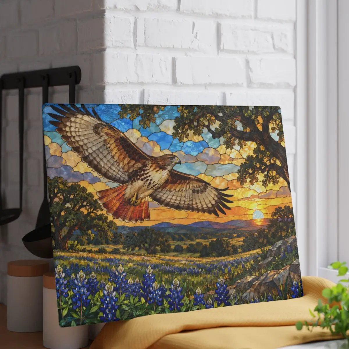 Red-Tailed Hawk Glass Cutting Board, Wildlife Kitchen Decor, Bird Lover Gift, Scenic Sunset Countryside Chopping Board, Nature Home Accent