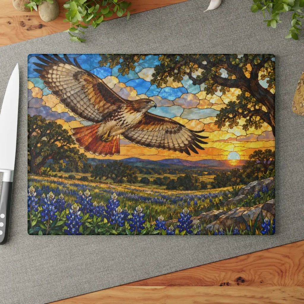 Red-Tailed Hawk Glass Cutting Board, Wildlife Kitchen Decor, Bird Lover Gift, Scenic Sunset Countryside Chopping Board, Nature Home Accent