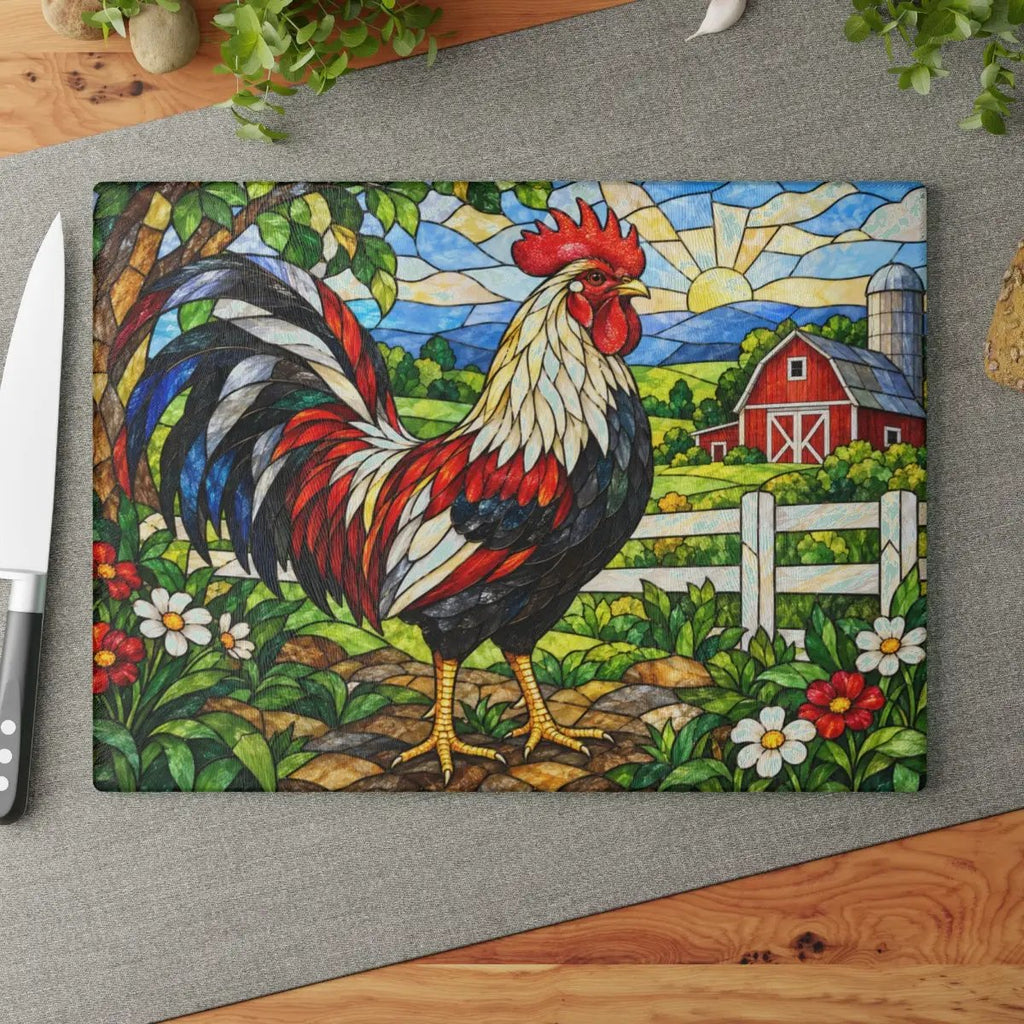 Rooster Glass Cutting Board, Red Barn Farmhouse Kitchen Decor, Country Rooster Art, Stained Glass Farm Decor, Rustic Kitchen Gift