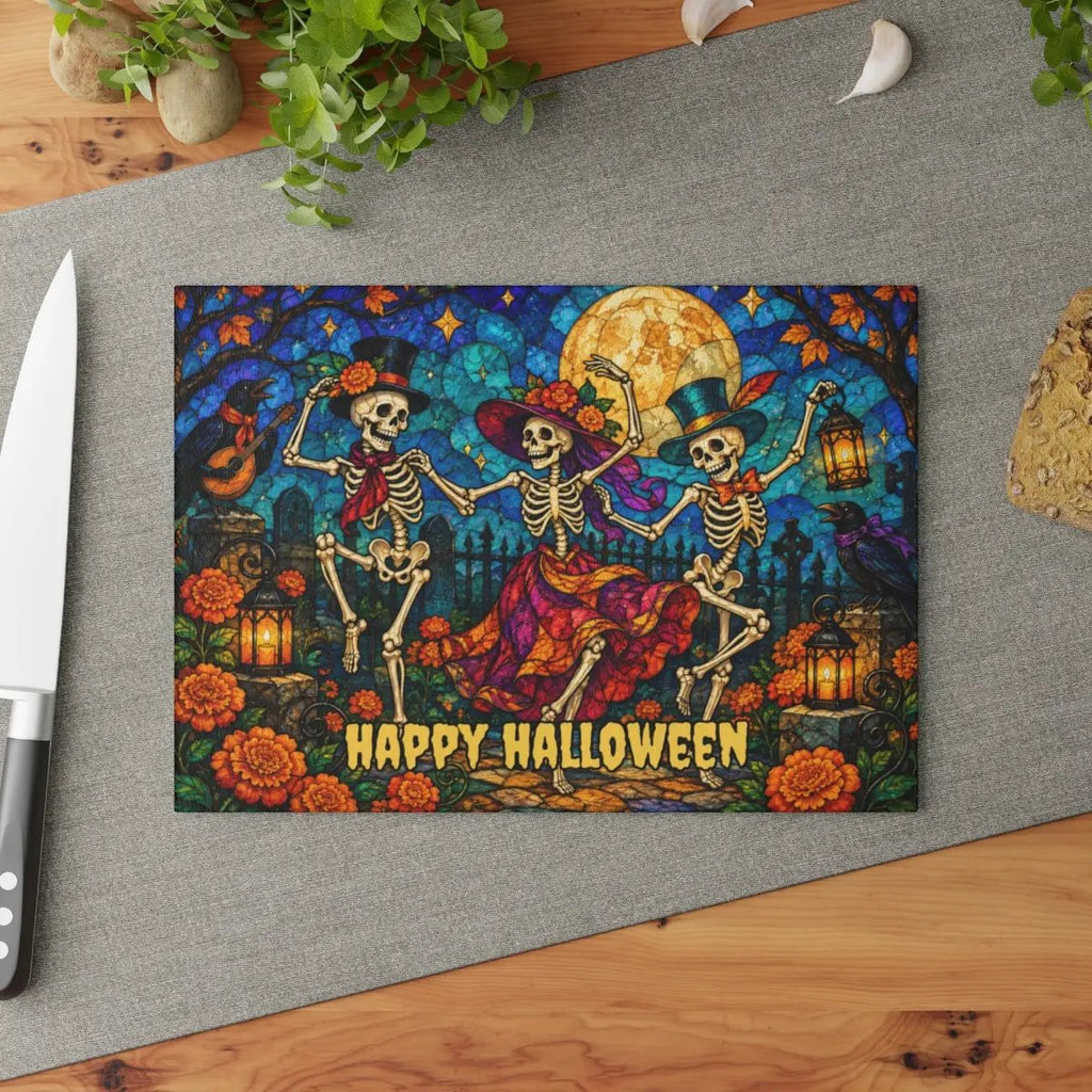Halloween Dancing Skeletons Personalized Glass Cutting Board, Spooky Pumpkin Kitchen Decor
