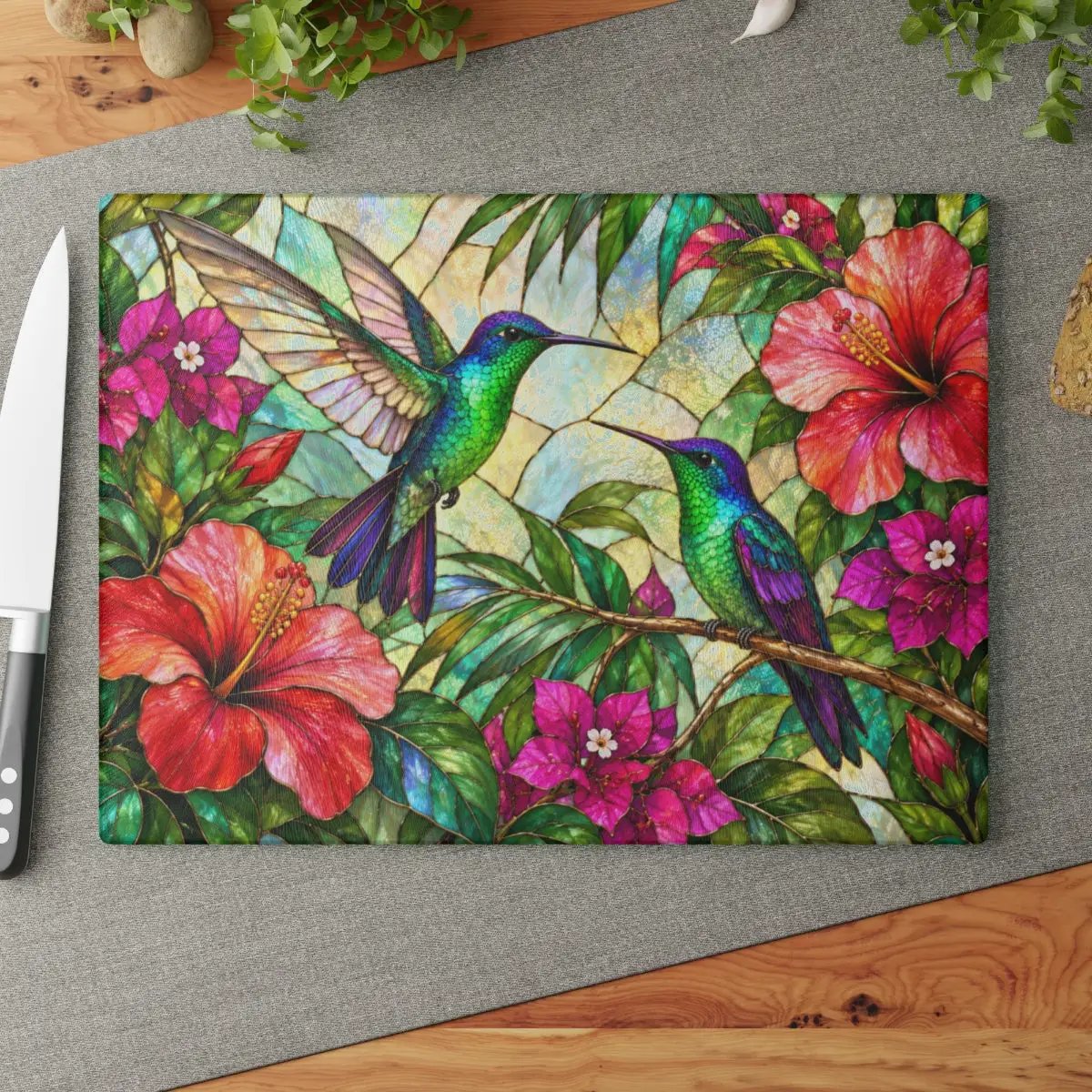 Hummingbird Cutting Board, Stained Glass Bird Decor, Tropical Hibiscus Kitchen Decor, Colorful Hummingbird Gift, Nature Lover Gift