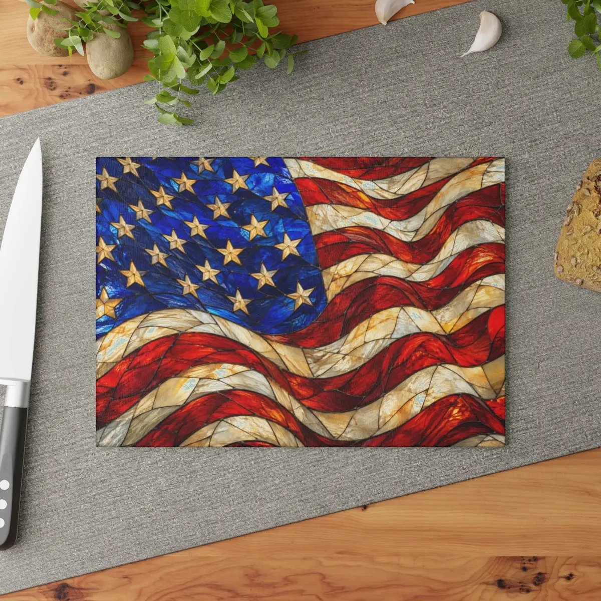 American Patriotic Flag Glass Cutting Board, Stained Glass Style USA Flag, Americana Kitchen Decor, Patriotic Gift