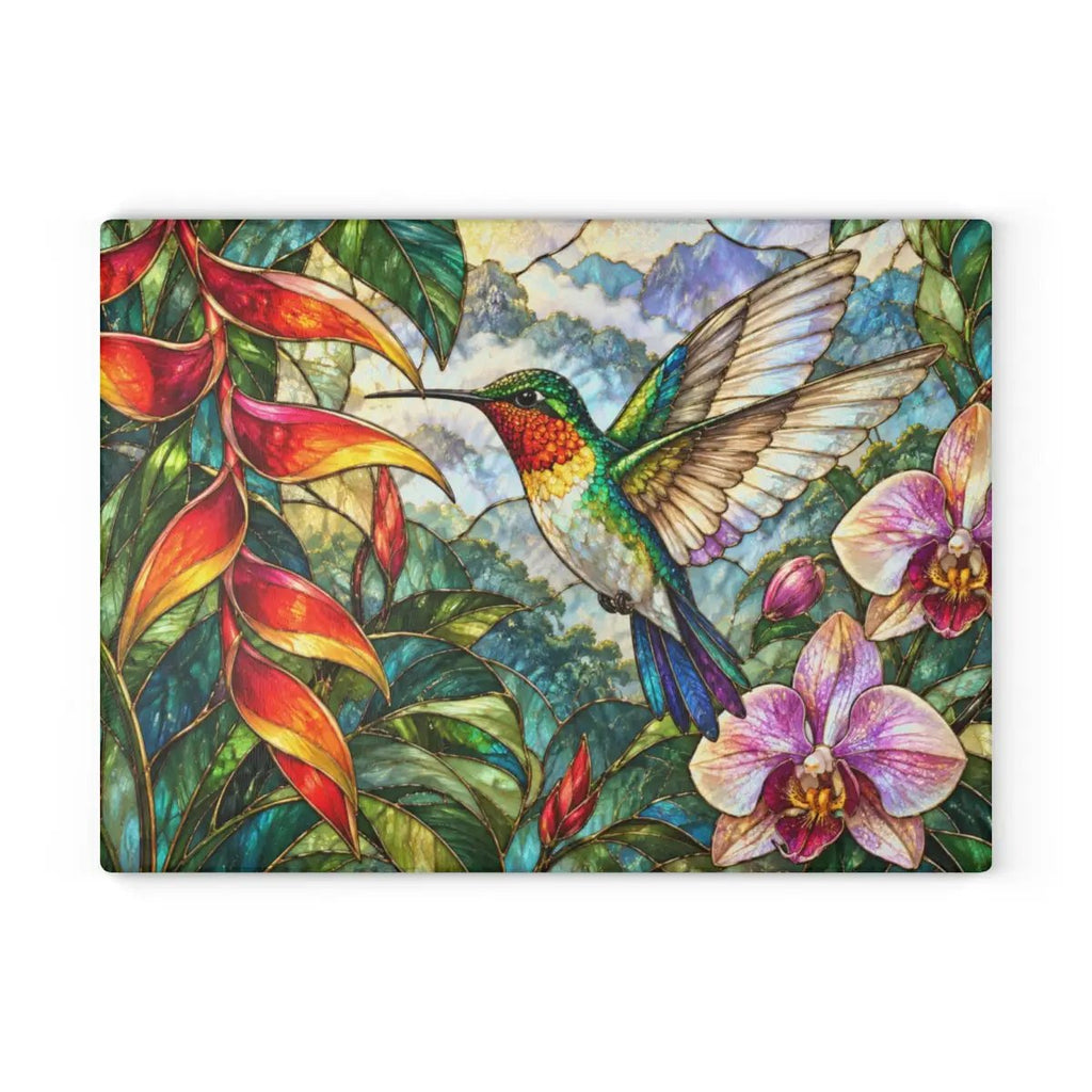 Hummingbird Cutting Board, Stained Glass Bird Decor, Tropical Orchid Kitchen Decor, Floral Hummingbird Gift, Nature Lover Gift