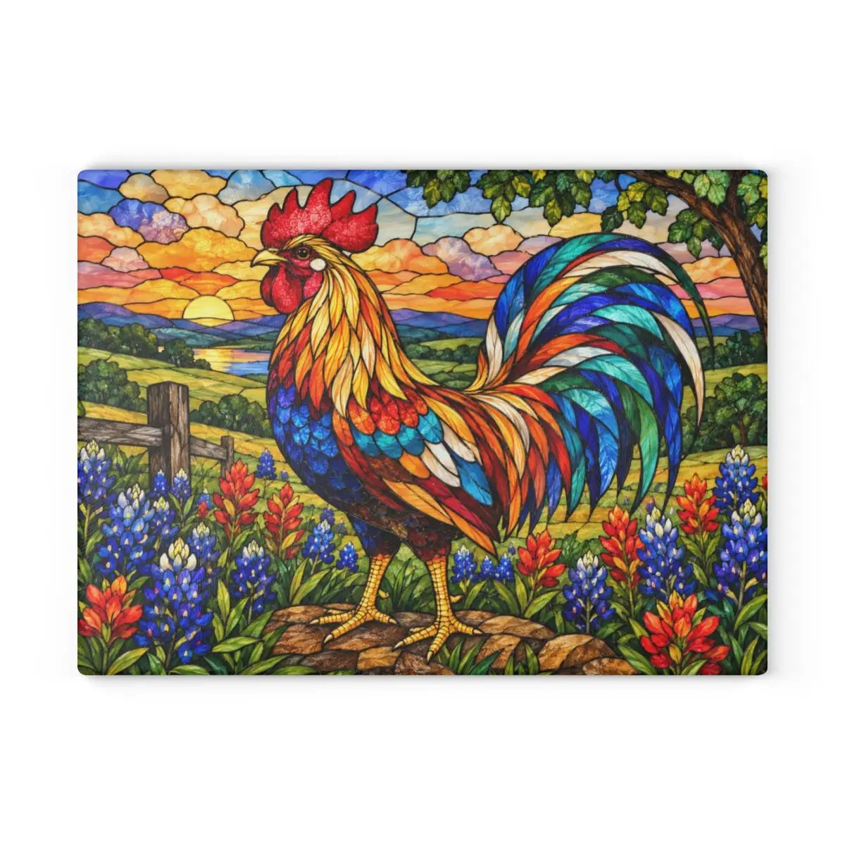 Rooster Glass Cutting Board, Bluebonnet Kitchen Decor, Colorful Farmhouse Rooster Art, Country Wildflower Decor, Stained Glass Gift