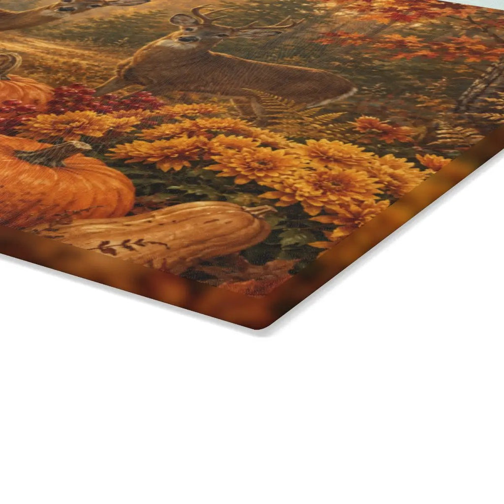 Deer Fall Glass Cutting Board, Rustic Woodland Kitchen Decor, Autumn Pumpkin Cutting Board, Hunter Cabin Gift