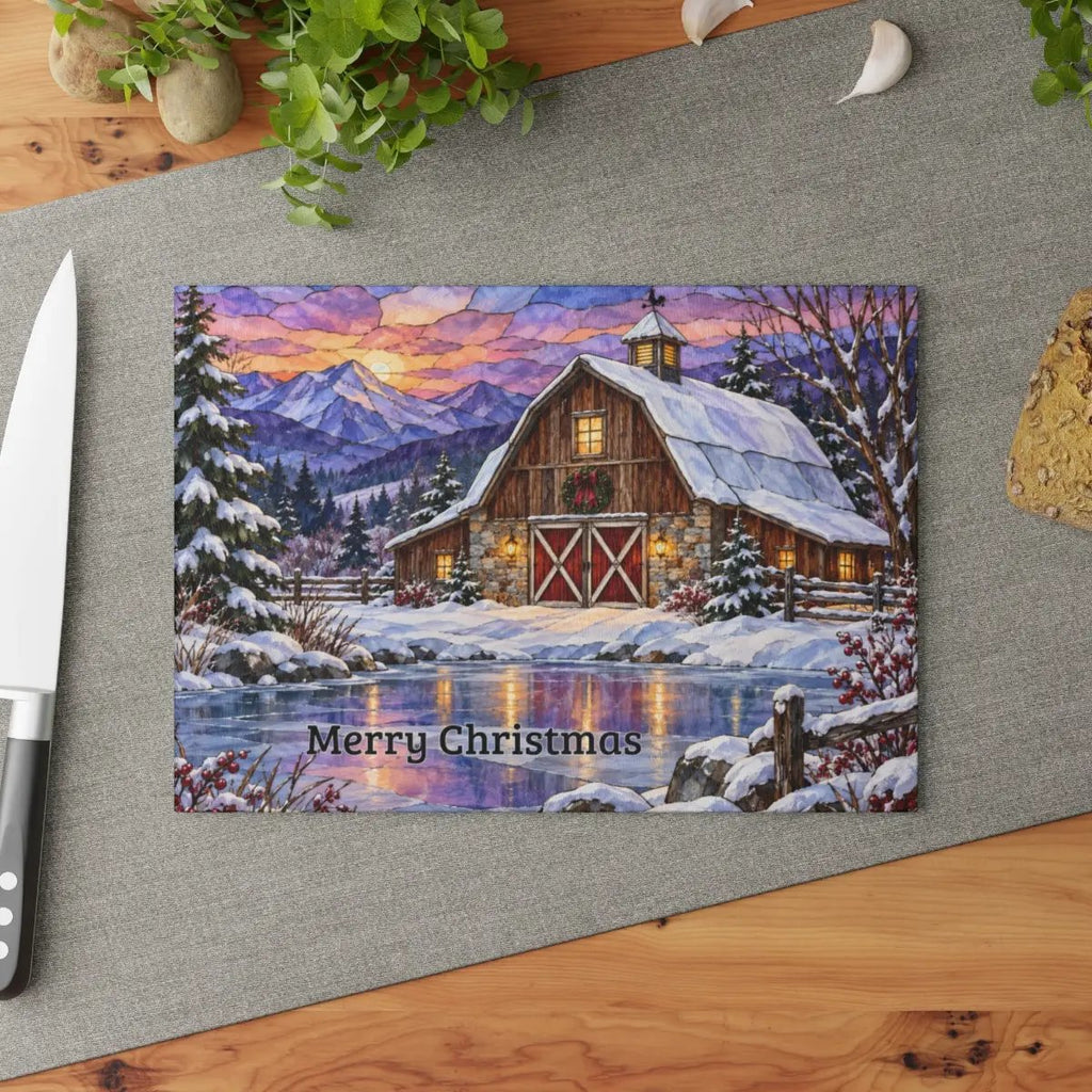 Evergreen Winter Barn Glass Cutting Board, Country Farmhouse Kitchen Decor, Snowy Mountain Barn Christmas Gift
