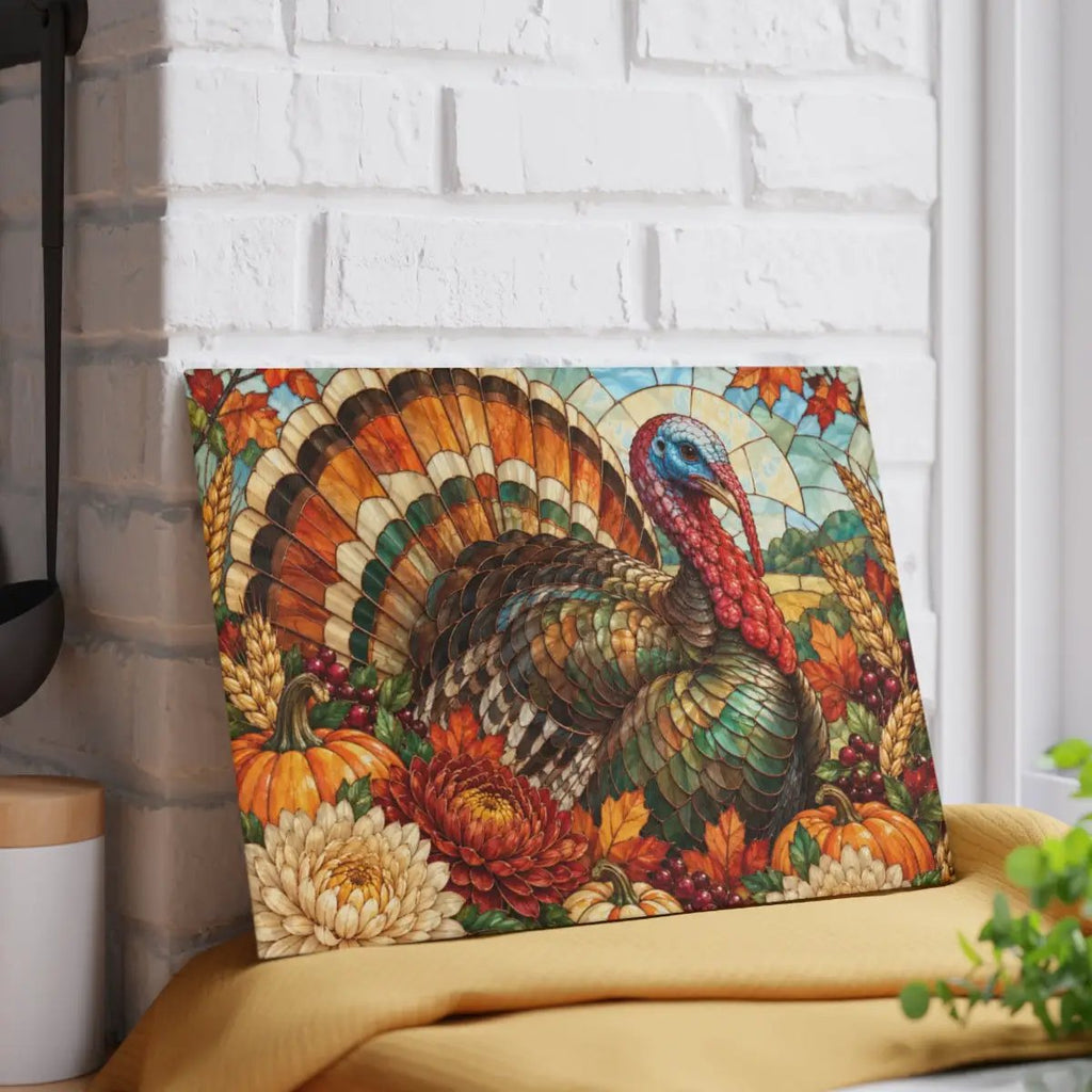 Thanksgiving Turkey Glass Cutting Board, Stained Glass Turkey Kitchen Decor, Fall Floral Harvest Cutting Board, Autumn Gift