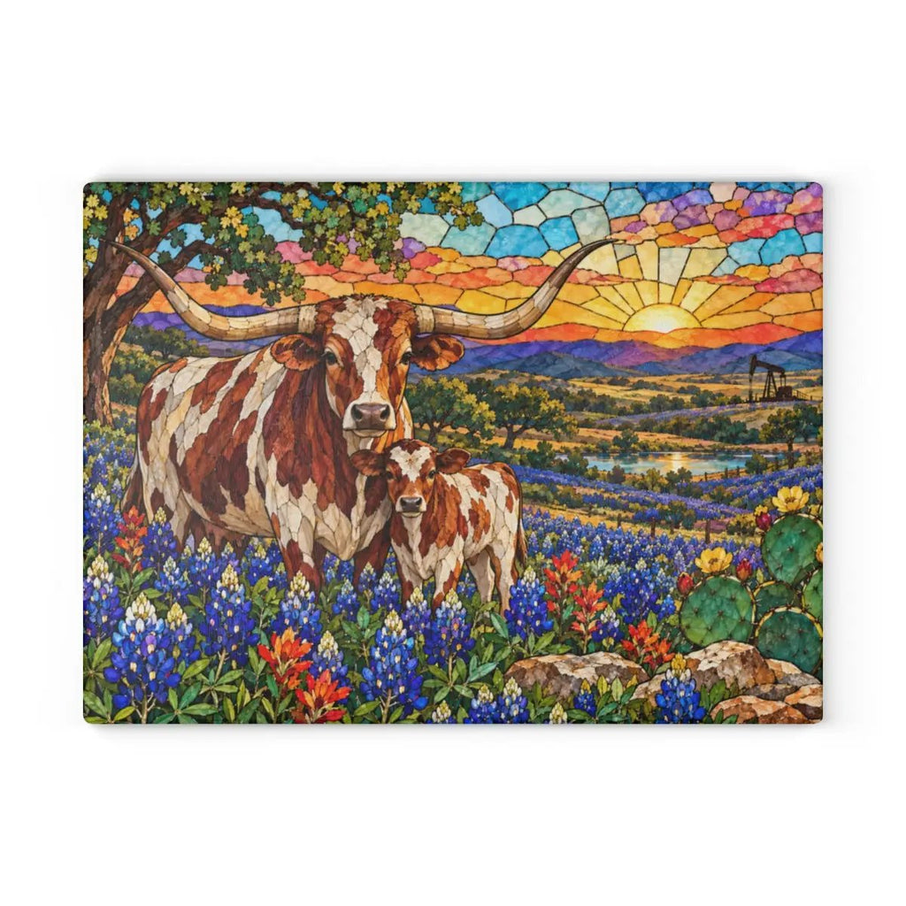 Texas Longhorn Glass Cutting Board, Cow and Calf Bluebonnet Kitchen Decor, Western Ranch Gift, Texas Kitchen Decor, Stained Glass Style