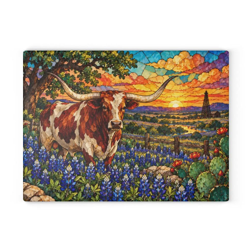 Texas Longhorn Glass Cutting Board, Bluebonnet Kitchen Decor, Texas Cow Gift, Western Kitchen Decor, Texas Housewarming Gift