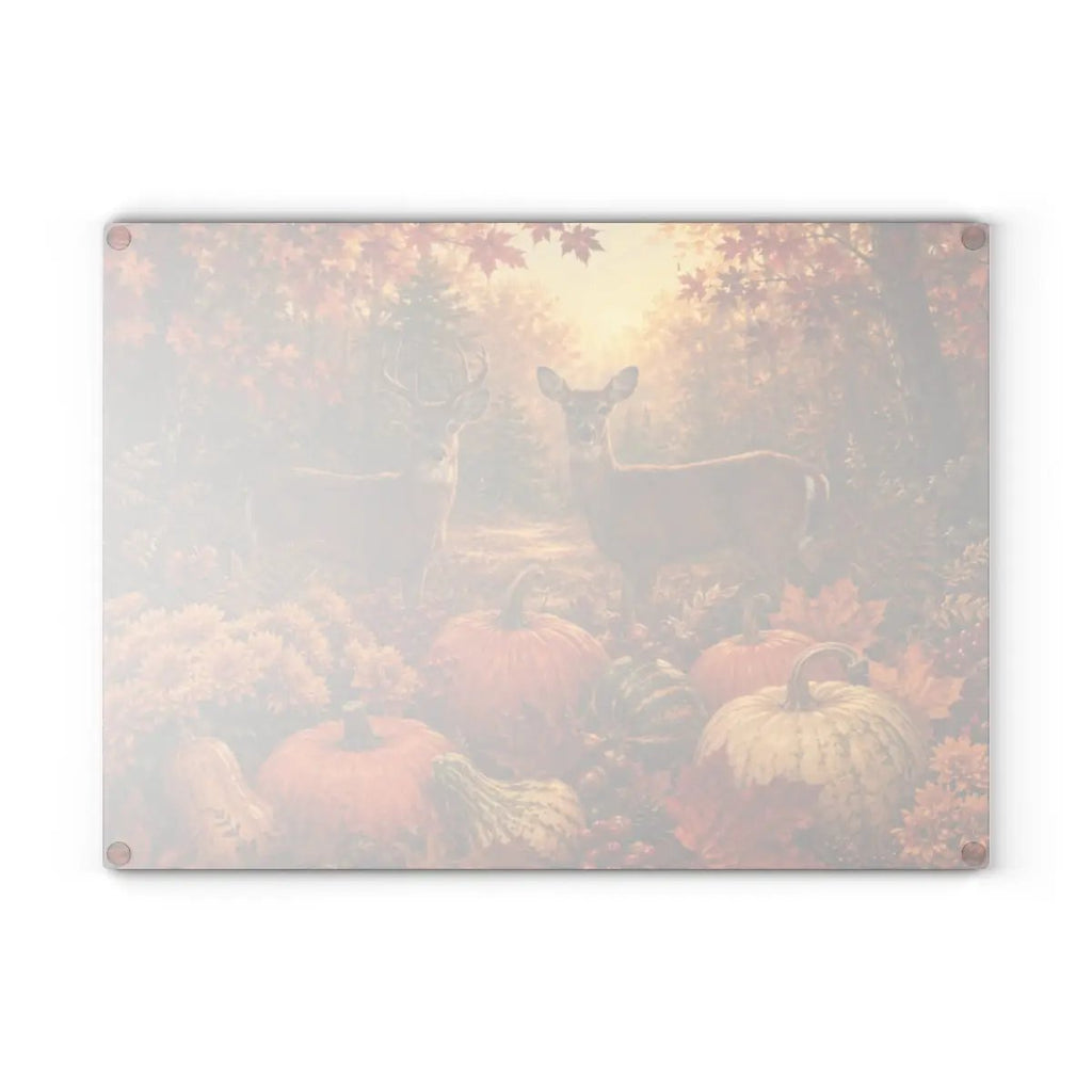 Deer Fall Glass Cutting Board, Rustic Woodland Kitchen Decor, Autumn Pumpkin Cutting Board, Hunter Cabin Gift