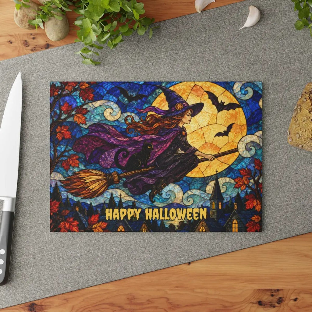 Halloween Flying Witch Personalized Glass Cutting Board, Spooky Pumpkin Kitchen Decor