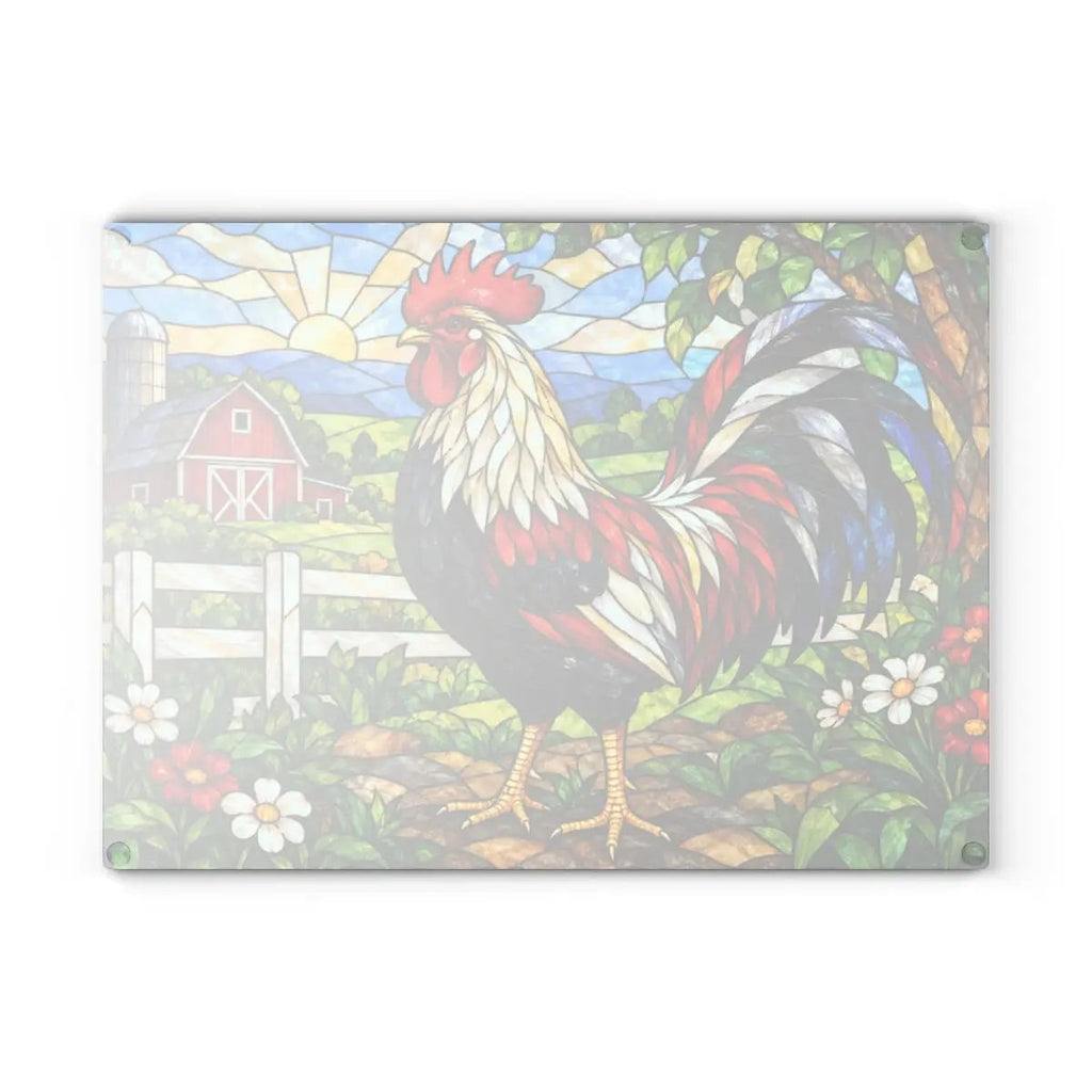 Rooster Glass Cutting Board, Red Barn Farmhouse Kitchen Decor, Country Rooster Art, Stained Glass Farm Decor, Rustic Kitchen Gift