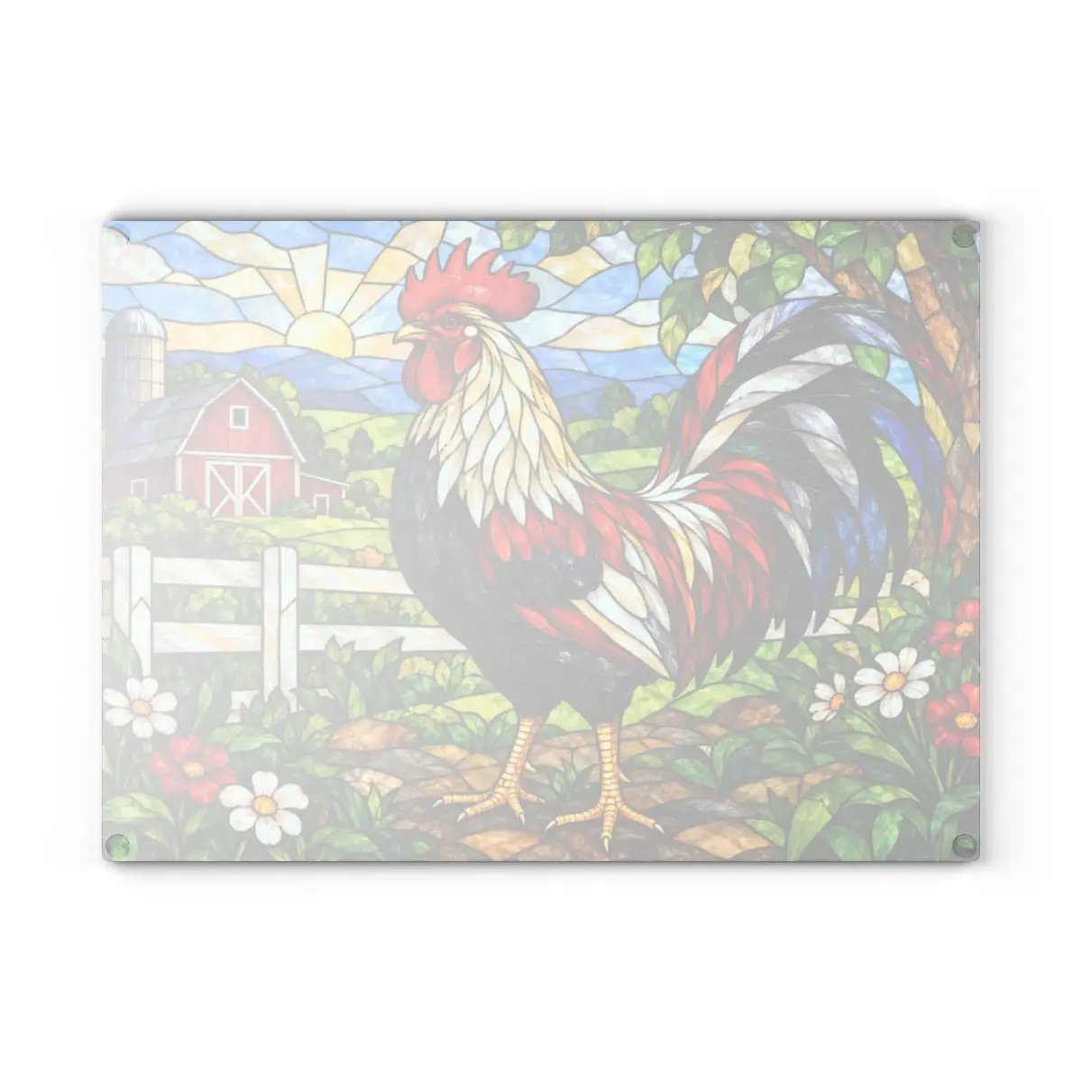 Rooster Glass Cutting Board, Red Barn Farmhouse Kitchen Decor, Country Rooster Art, Stained Glass Farm Decor, Rustic Kitchen Gift