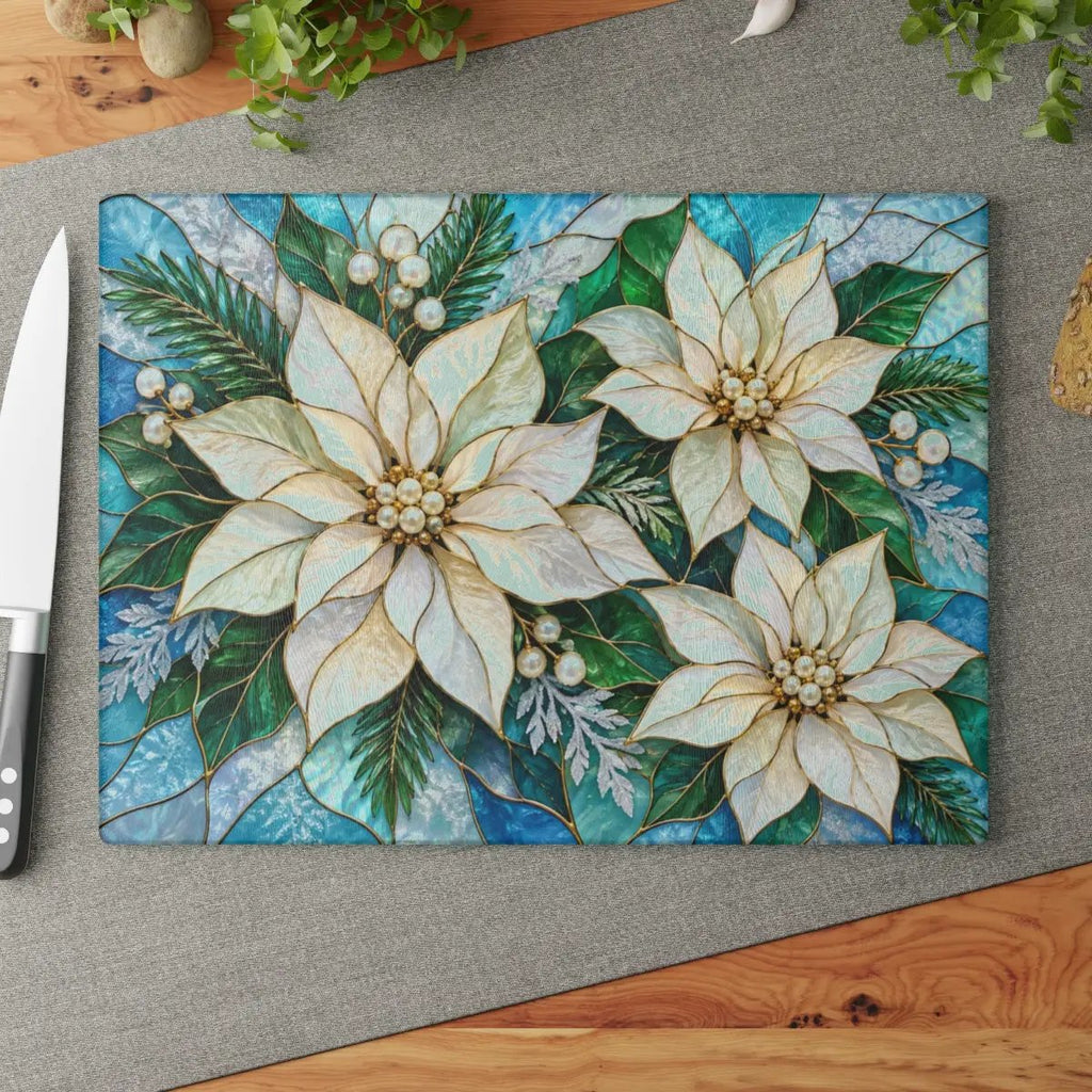 Winter Poinsettia Glass Cutting Board, Holiday Kitchen Decor, Floral Serving Board, Christmas Hostess Gift, Seasonal Home Accent Gift