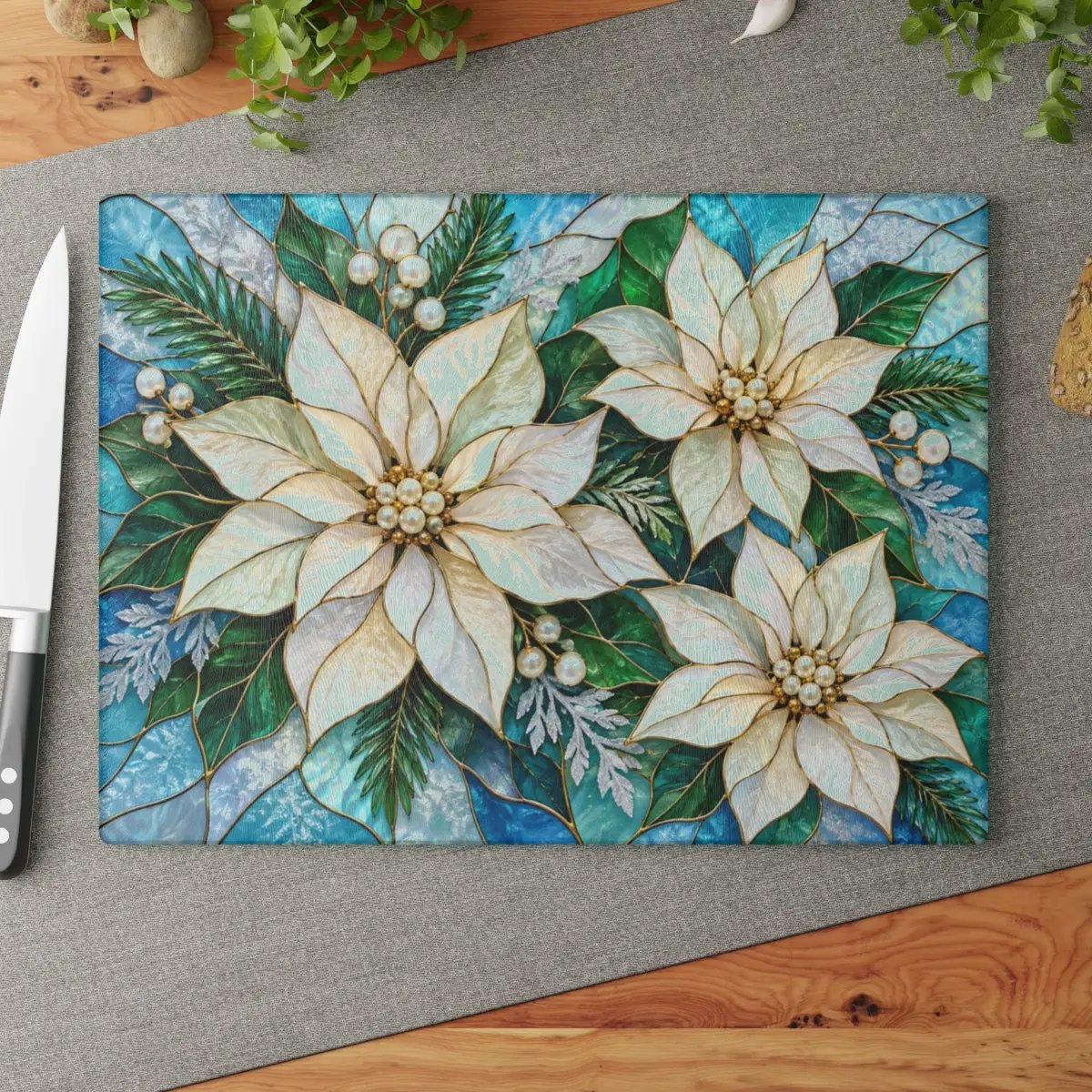 Winter Poinsettia Glass Cutting Board, Holiday Kitchen Decor, Floral Serving Board, Christmas Hostess Gift, Seasonal Home Accent Gift