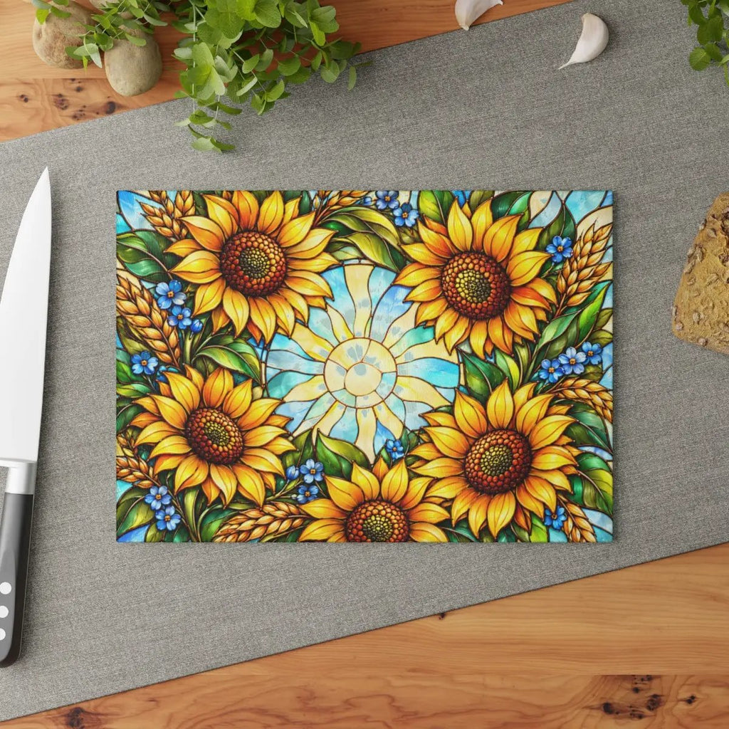 Sunflower Glass Cutting Board, Stained Glass Sunflower Wreath, Floral Kitchen Decor, Yellow Flower Gift, Cheerful Kitchen Art