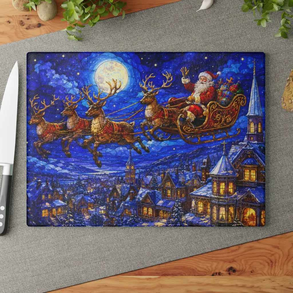 Santa Sleigh Glass Cutting Board, Reindeer Christmas Kitchen Decor, Christmas Eve Serving Board, Stained Glass Santa Gift, Holiday Decor