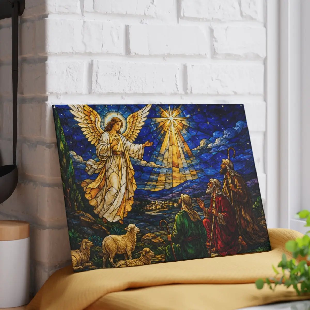 Angel and Shepherds Glass Cutting Board, Christian Christmas Gift, Nativity Kitchen Decor, Religious Christmas Decor, Stained Glass Art