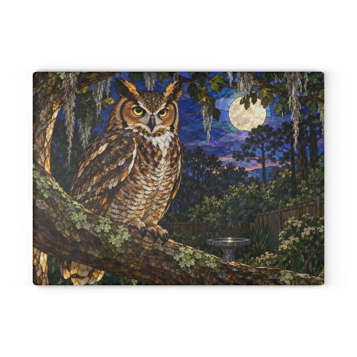 Great Horned Owl Glass Cutting Board, Owl Kitchen Decor, Backyard Bird Lover Gift, Birdwatcher Gift, Woodland Serving Board