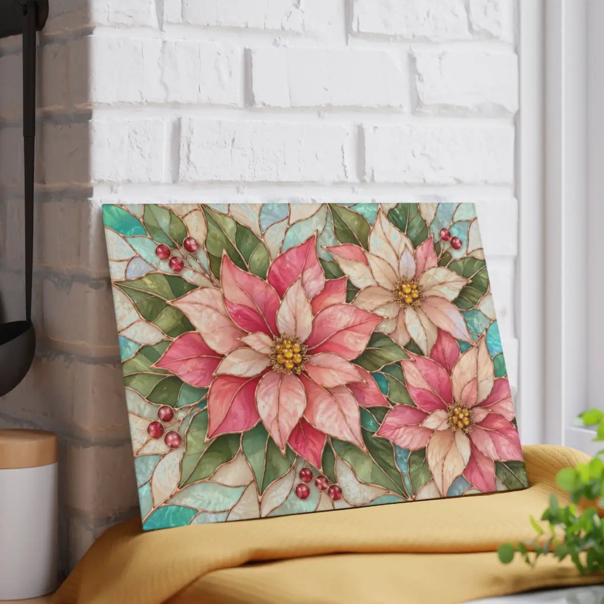 Pink Poinsettia Glass Cutting Board, Christmas Floral Kitchen Decor, Tempered Chopping Board, Holiday Hostess Gift, Serving Board for Home