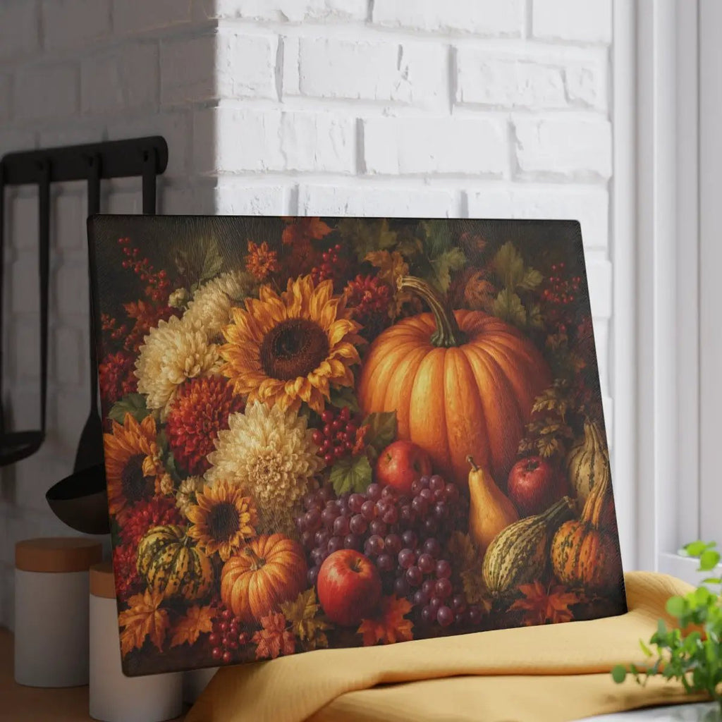 Fall Glass Cutting Board, Pumpkin Sunflower Kitchen Decor, Autumn Harvest Cutting Board, Thanksgiving Kitchen Gift