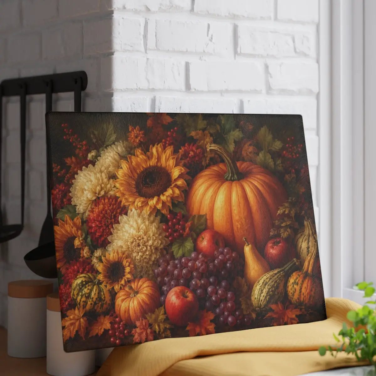 Fall Glass Cutting Board, Pumpkin Sunflower Kitchen Decor, Autumn Harvest Cutting Board, Thanksgiving Kitchen Gift