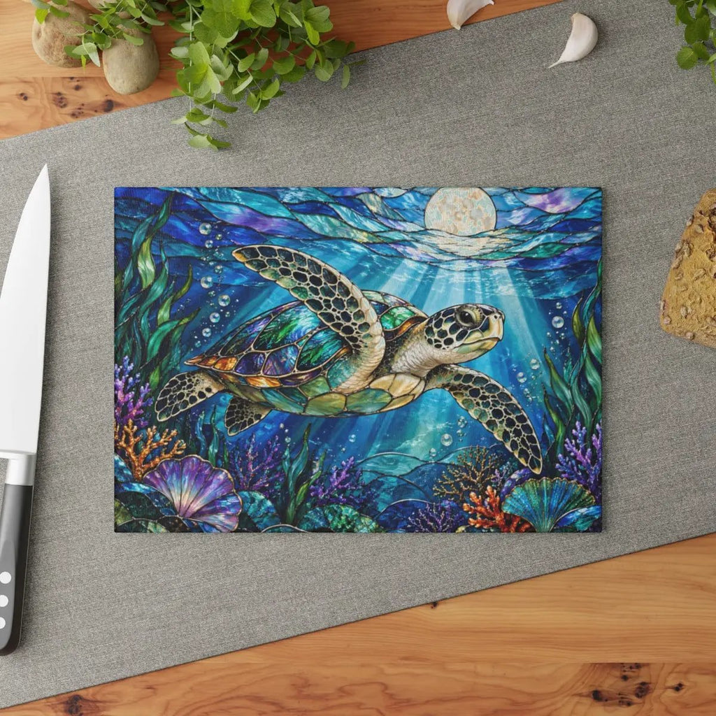 Sea Turtle Cutting Board, Ocean Kitchen Decor, Underwater Sea Life Chopping Board, Moonlit Marine Animal Gift, Coastal Kitchen Accent