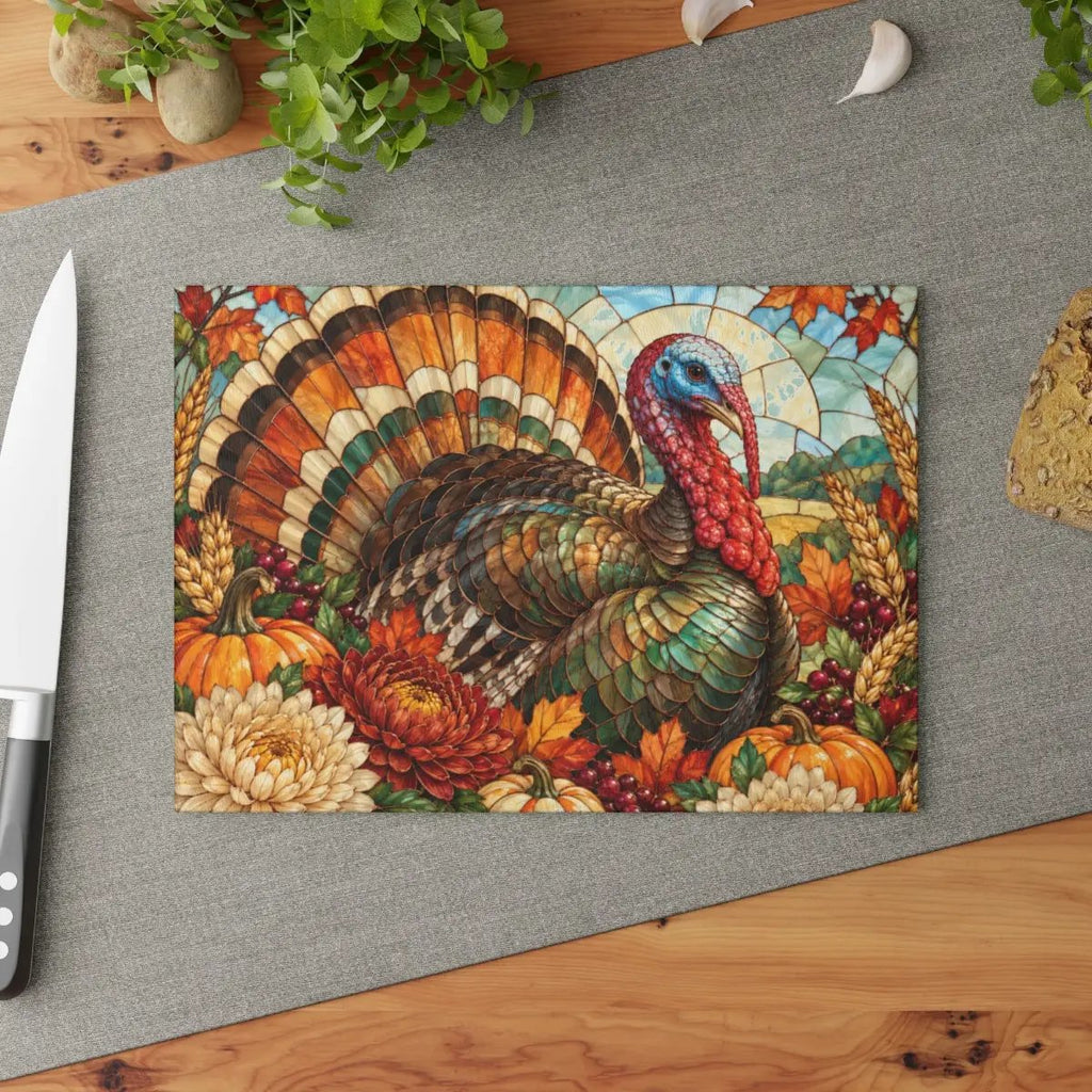 Thanksgiving Turkey Glass Cutting Board, Stained Glass Turkey Kitchen Decor, Fall Floral Harvest Cutting Board, Autumn Gift