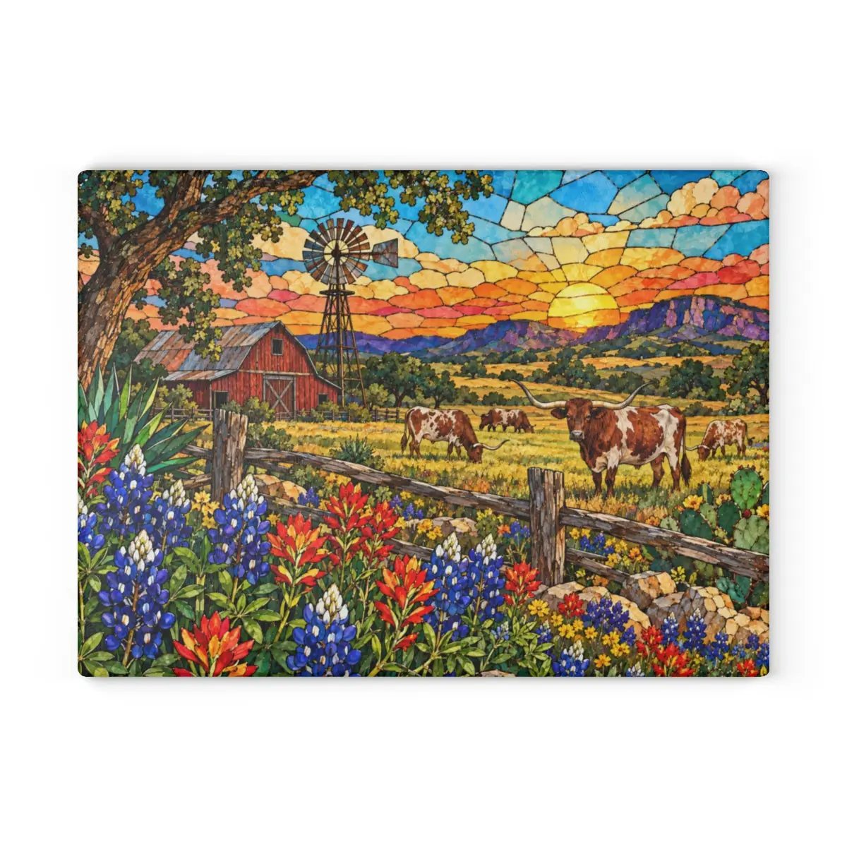 Texas Longhorn Glass Cutting Board, Bluebonnet Ranch Kitchen Decor, Western Farmhouse Gift, Texas Country Decor, Longhorn Cattle Art