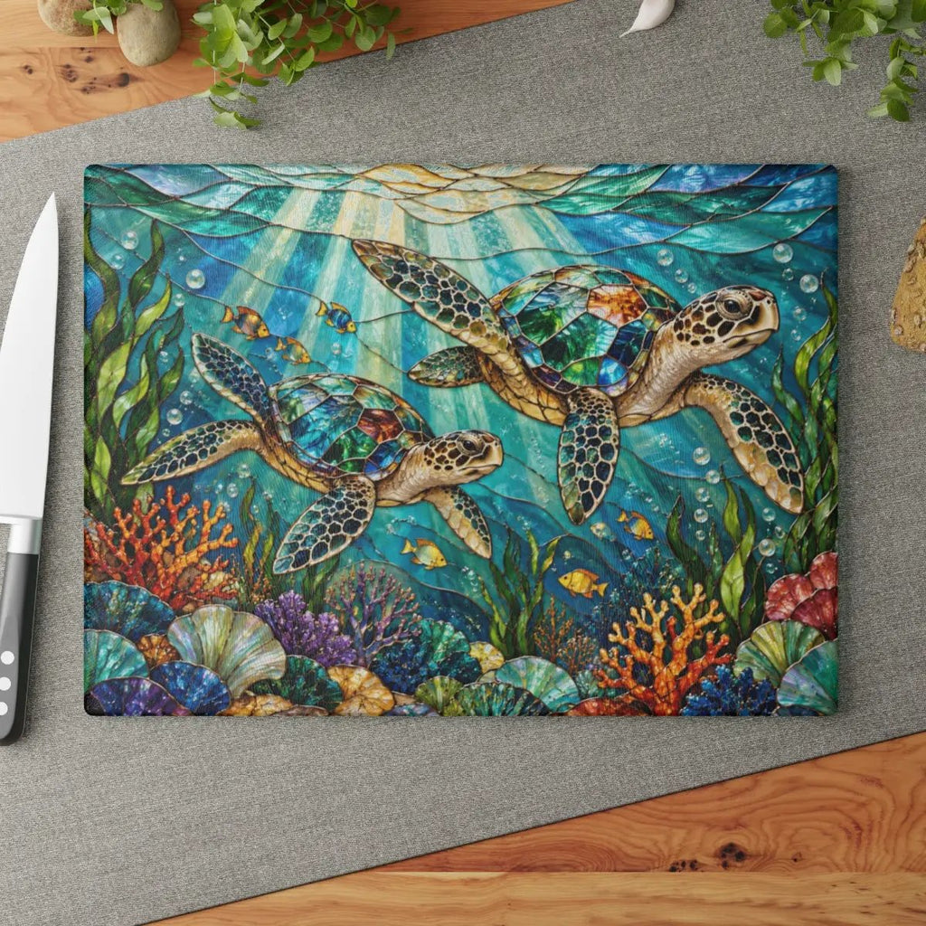 Sea Turtle Glass Cutting Board, Ocean Kitchen Decor, Coastal Chopping Board, Underwater Sea Life Gift, Marine Turtle Kitchen Art Piece