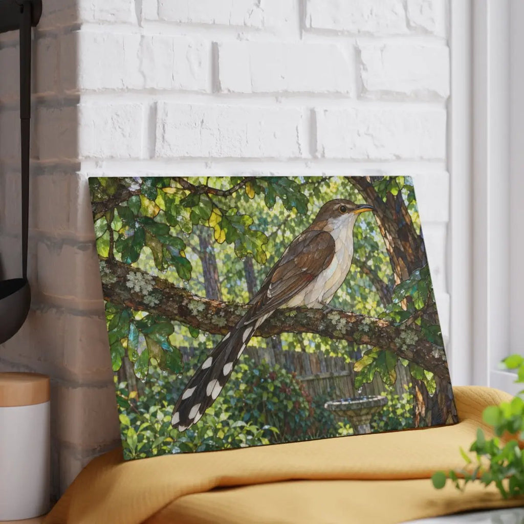 Yellow Billed Cuckoo Glass Cutting Board, Backyard Bird Kitchen Decor, Birdwatcher Gift, Bird Lover Gift, Woodland Serving Board