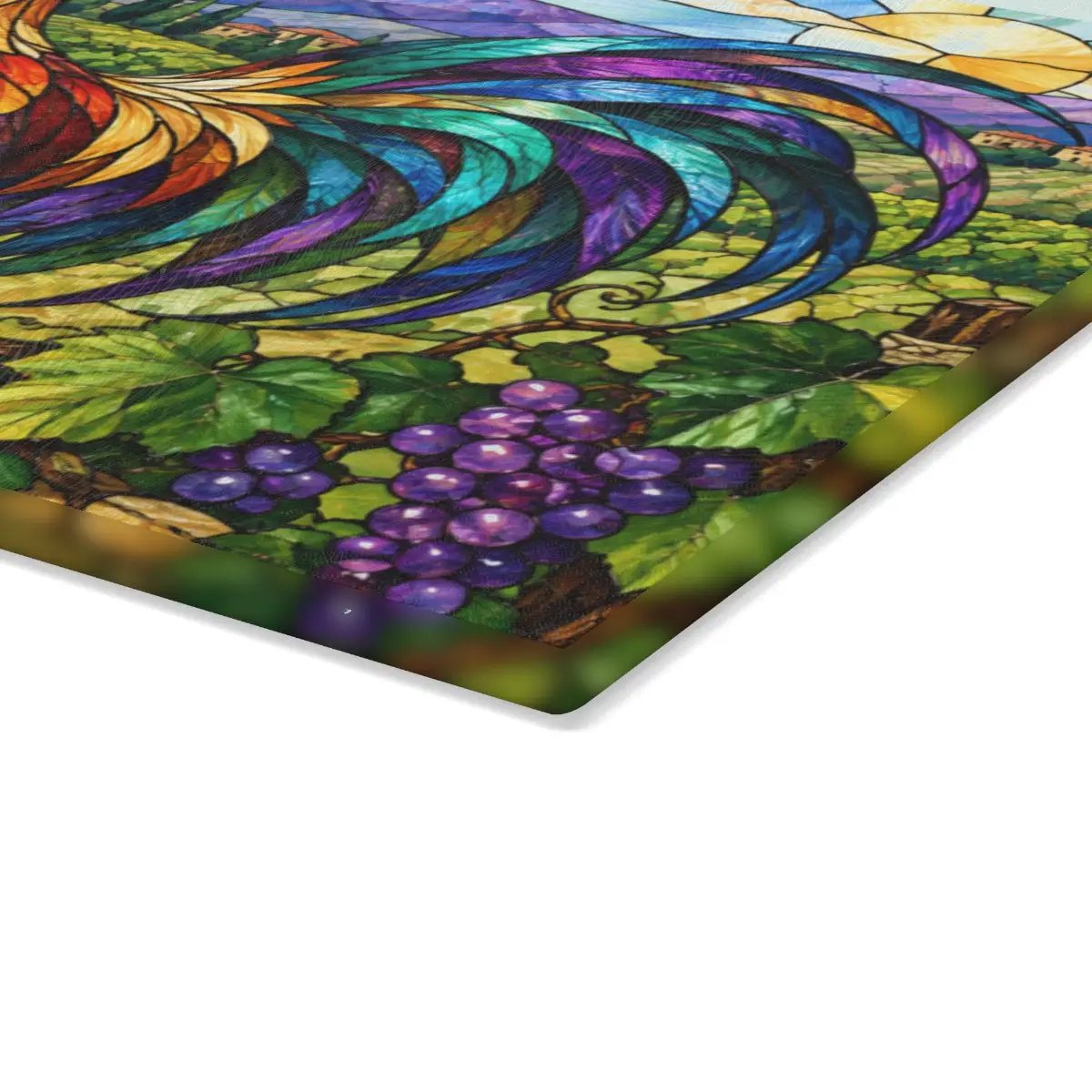 Rooster Glass Cutting Board, Vineyard Kitchen Decor, Colorful Stained Glass Rooster, Tuscan Country Kitchen Gift, Grape Vine Decor