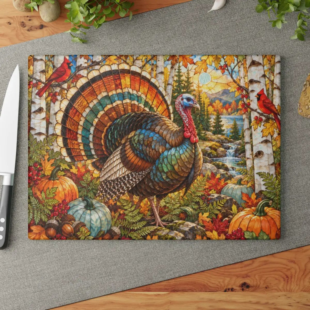 Thanksgiving Turkey Glass Cutting Board, Woodland Turkey Kitchen Decor, Fall Cardinal Birch Forest Cutting Board, Autumn Gift