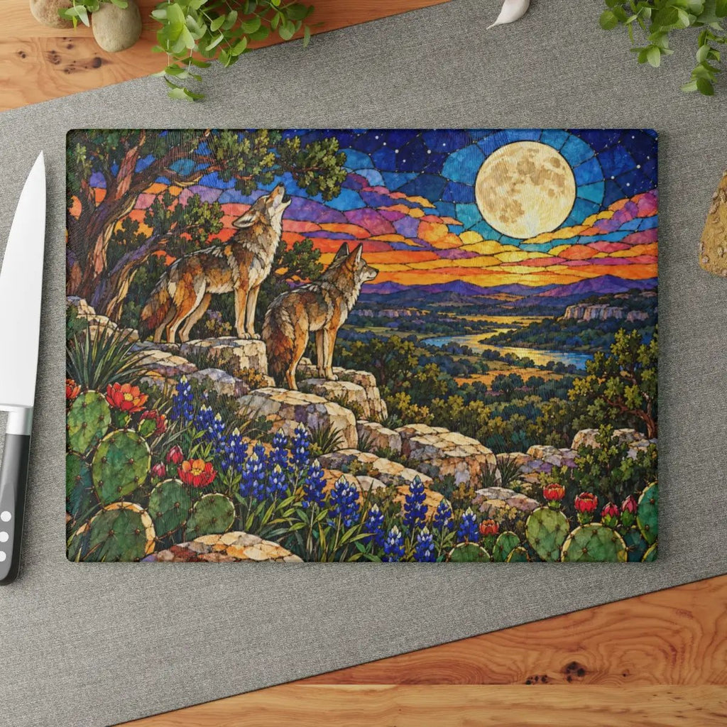 Texas Coyote Glass Cutting Board, Call of the Wild Moonlight Decor, Bluebonnet Kitchen Art, Western Wildlife Gift, Texas Kitchen Decor