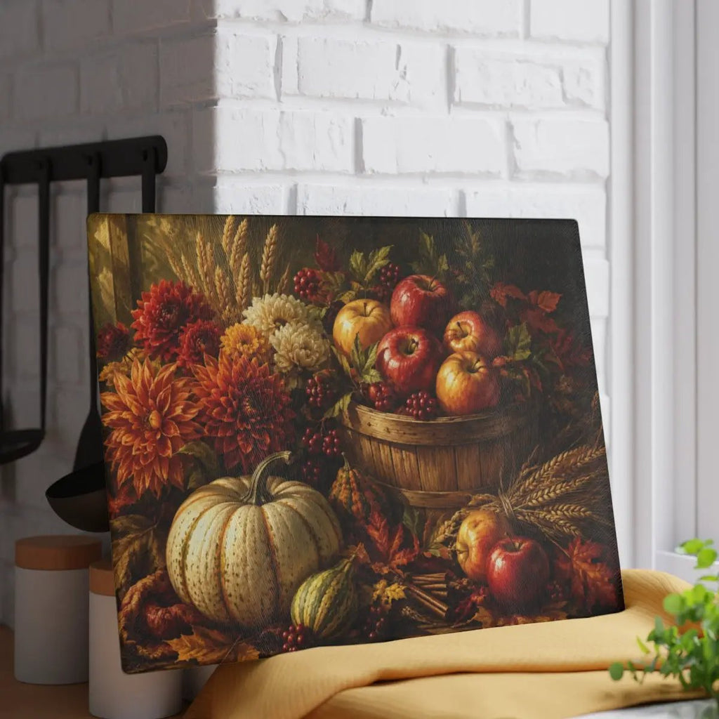 Apple Harvest Glass Cutting Board, Fall Farmhouse Kitchen Decor, Pumpkin Apple Cutting Board, Autumn Kitchen Gift