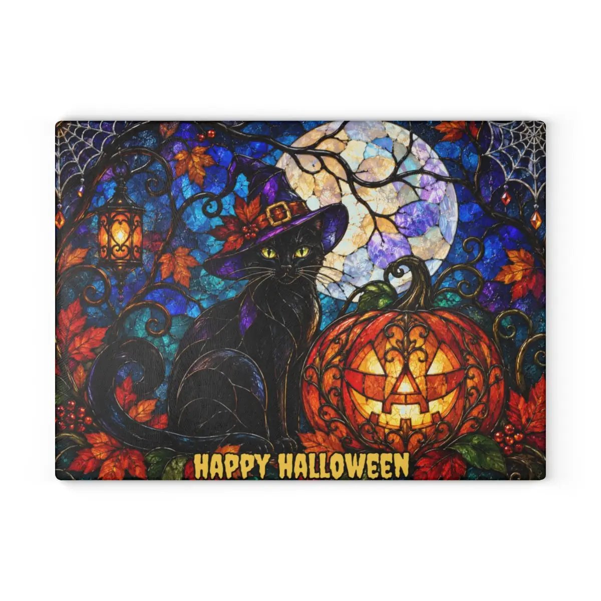 Halloween Black Witch Cat Personalized Glass Cutting Board, Spooky Pumpkin Kitchen Decor