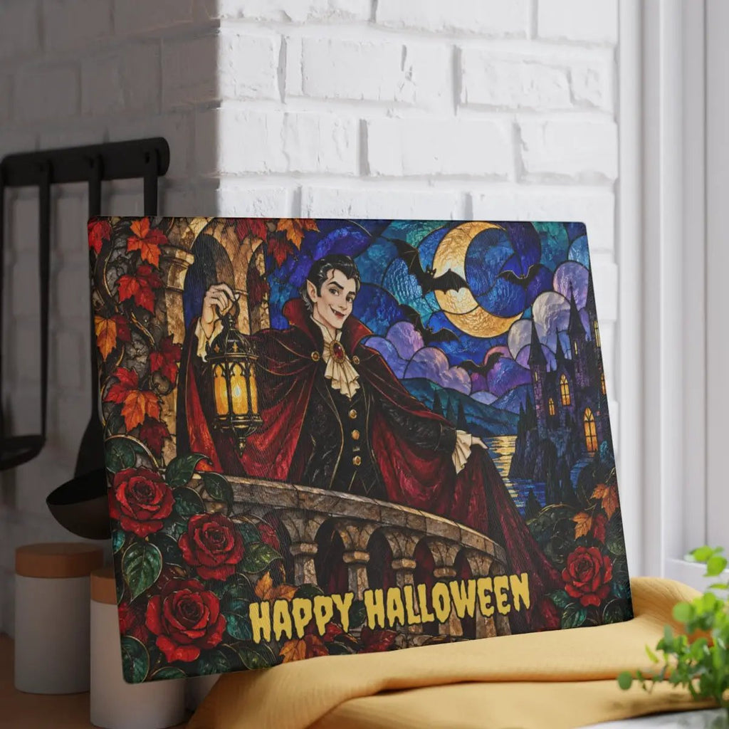 Halloween Dracula Personalized Glass Cutting Board, Spooky Vampire Kitchen Decor