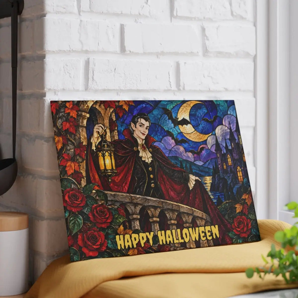 Halloween Dracula Personalized Glass Cutting Board, Spooky Vampire Kitchen Decor