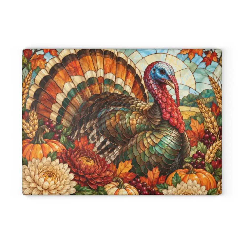 Thanksgiving Turkey Glass Cutting Board, Stained Glass Turkey Kitchen Decor, Fall Floral Harvest Cutting Board, Autumn Gift