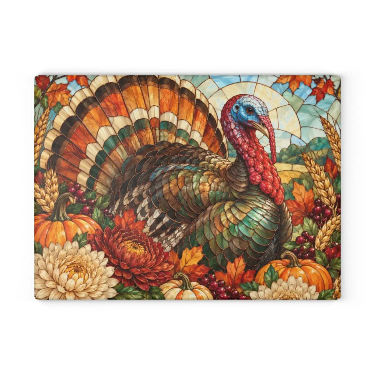 Thanksgiving Turkey Glass Cutting Board, Stained Glass Turkey Kitchen Decor, Fall Floral Harvest Cutting Board, Autumn Gift