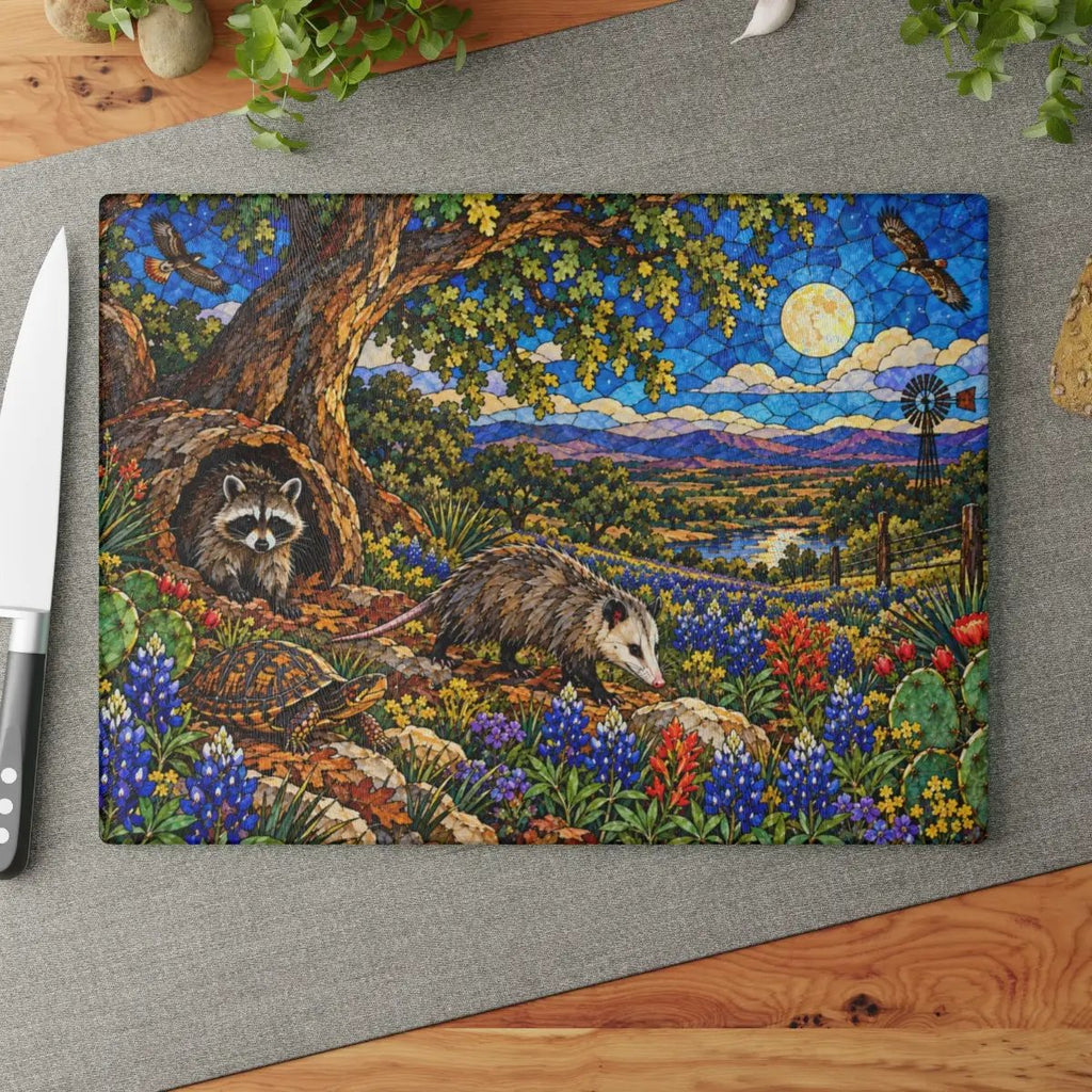 Raccoon and Possum Glass Cutting Board, Texas Wildlife Kitchen Decor, Opossum Raccoon Gift, Bluebonnet Country Cutting Board