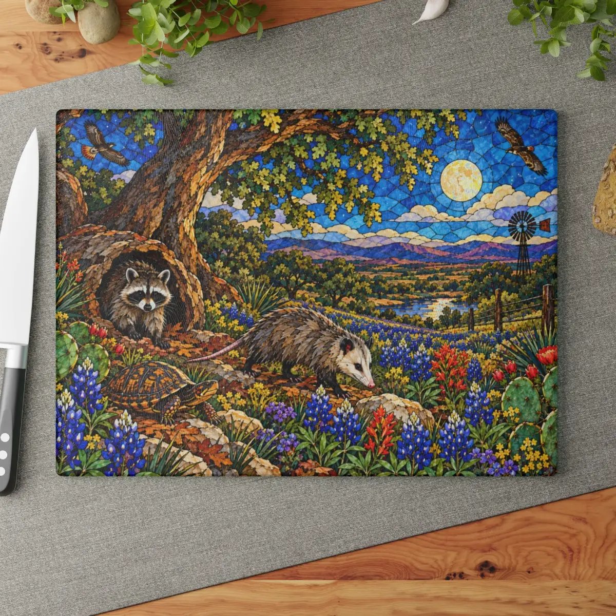 Raccoon and Possum Glass Cutting Board, Texas Wildlife Kitchen Decor, Opossum Raccoon Gift, Bluebonnet Country Cutting Board