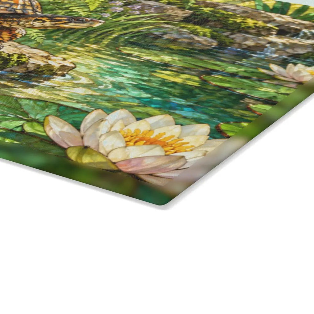 Box Turtle Glass Cutting Board, Pond Nature Kitchen Decor, Reptile Lover Gift, Wildlife Chopping Board, Decorative Tempered Glass Board