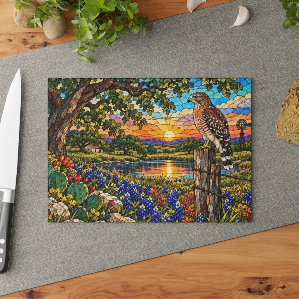 Red Shouldered Hawk Glass Cutting Board, Texas Wildlife Kitchen Decor, Bluebonnet Hawk Art, Bird Lover Gift, Rustic Texas Gift