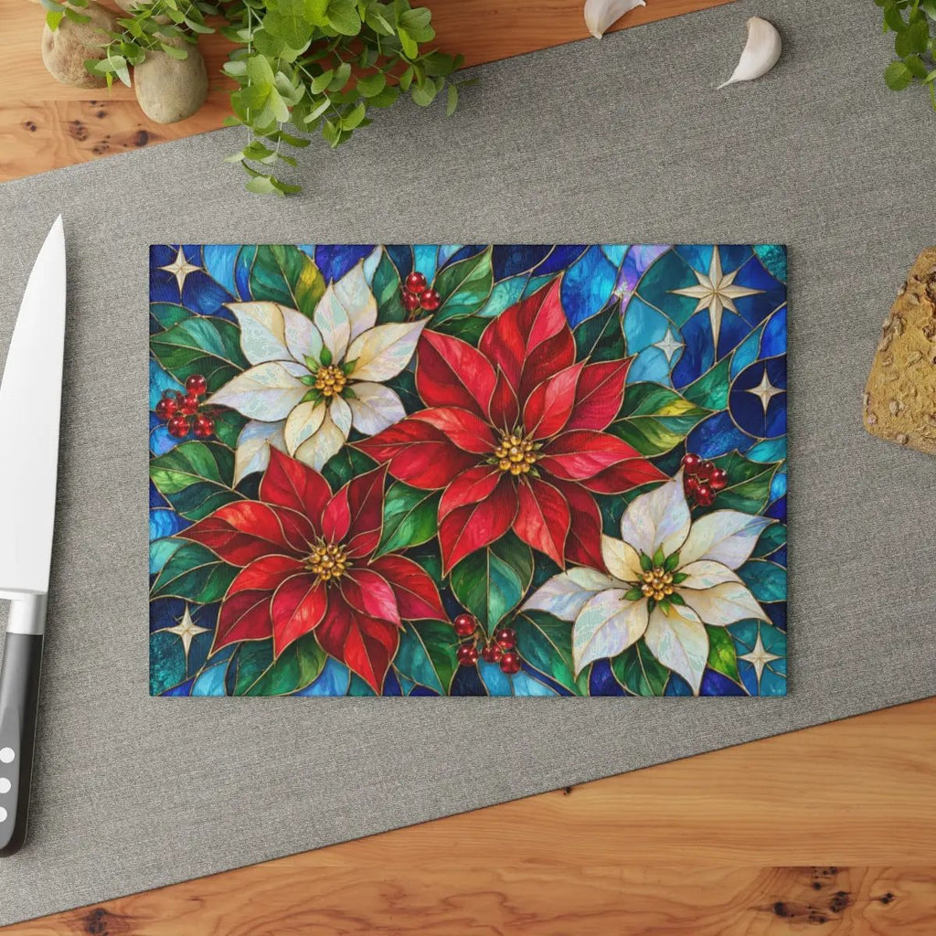 Christmas Poinsettia Glass Cutting Board, Stained Glass Floral Kitchen Decor, Holiday Serving Board, Festive Christmas Kitchen Gift