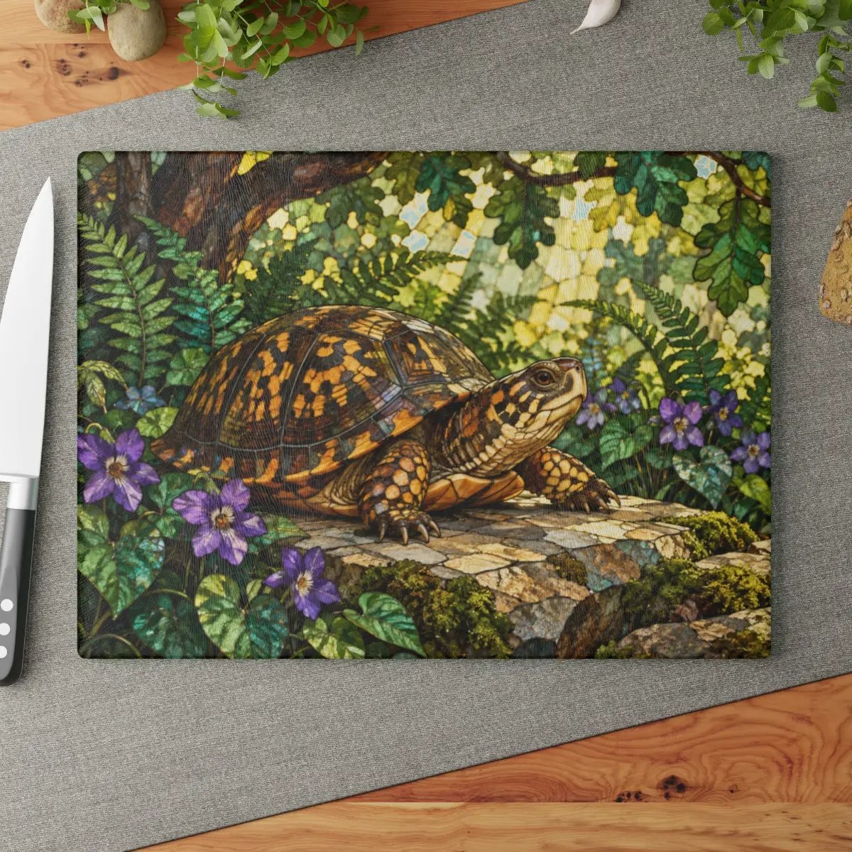 Box Turtle Cutting Board, Woodland Nature Kitchen Decor, Tempered Glass Chopping Board, Turtle Lover Gift, Forest Animal Kitchen Art