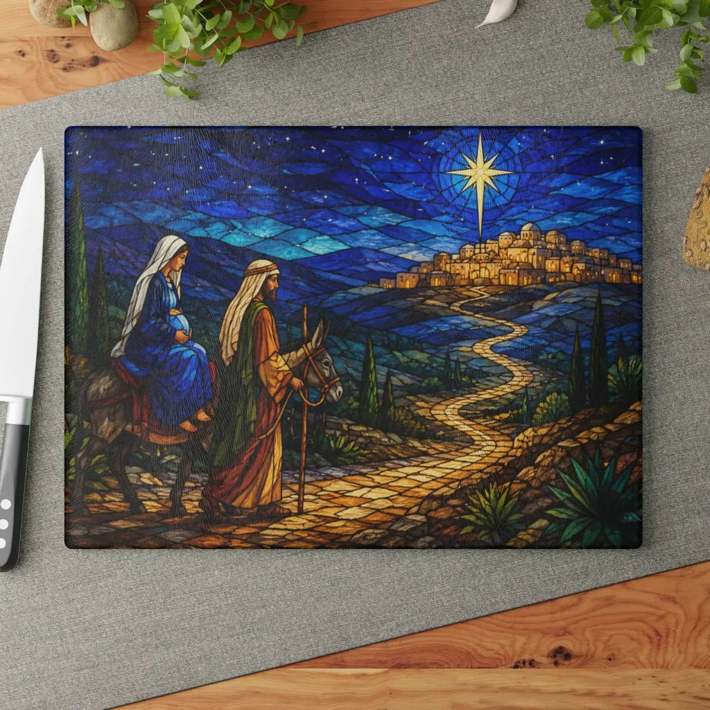 Road to Bethlehem Glass Cutting Board, Christian Christmas Gift, Mary and Joseph Nativity Decor, Religious Christmas Kitchen Decor